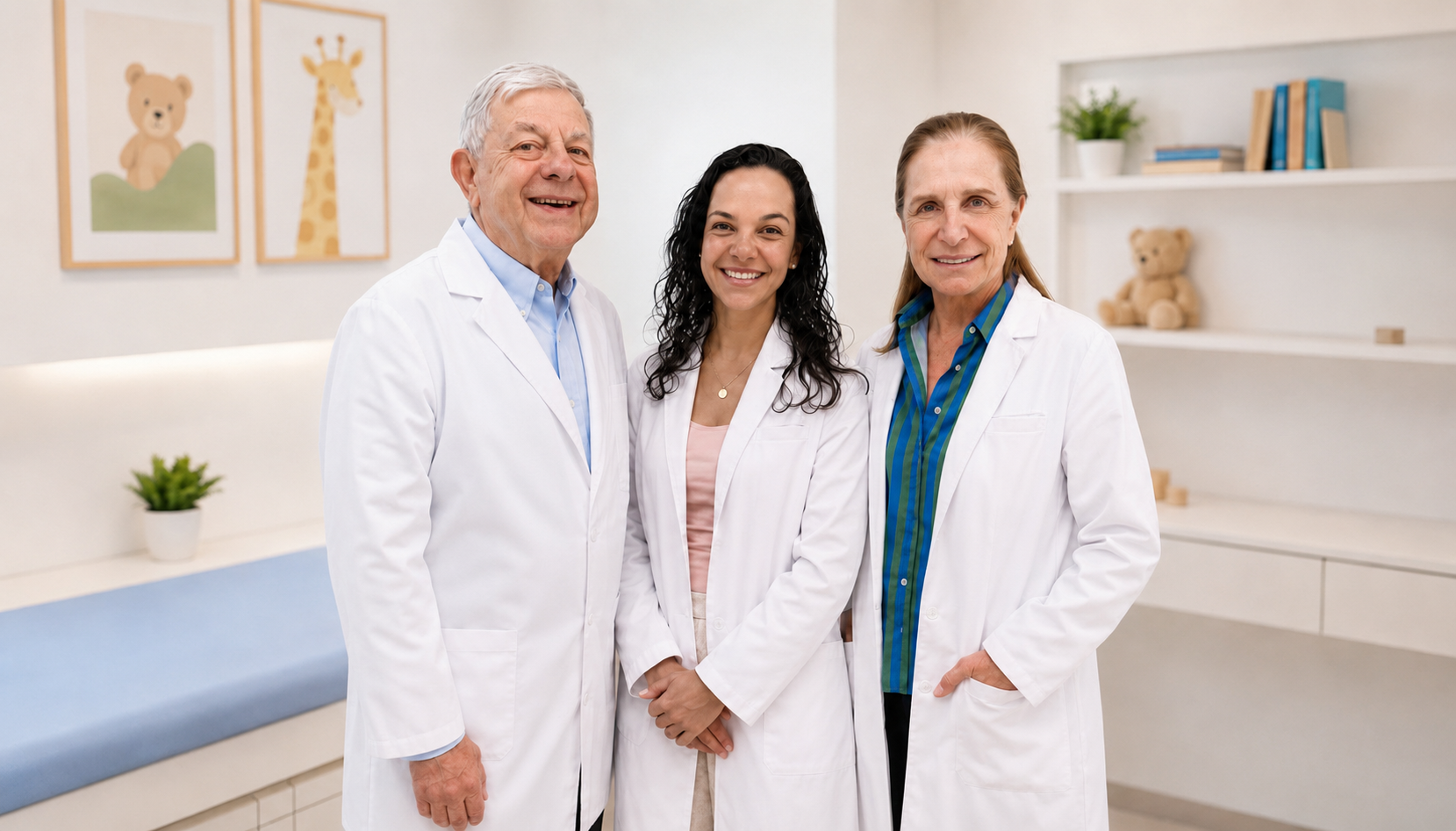 Three Boca Raton Pediatrics physicians standing together in a bright exam room